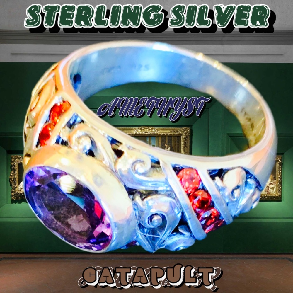 Sterling Silver Amethyst & Garnet Victorian Style Scrolled RING - SZ 8 | 9.3g